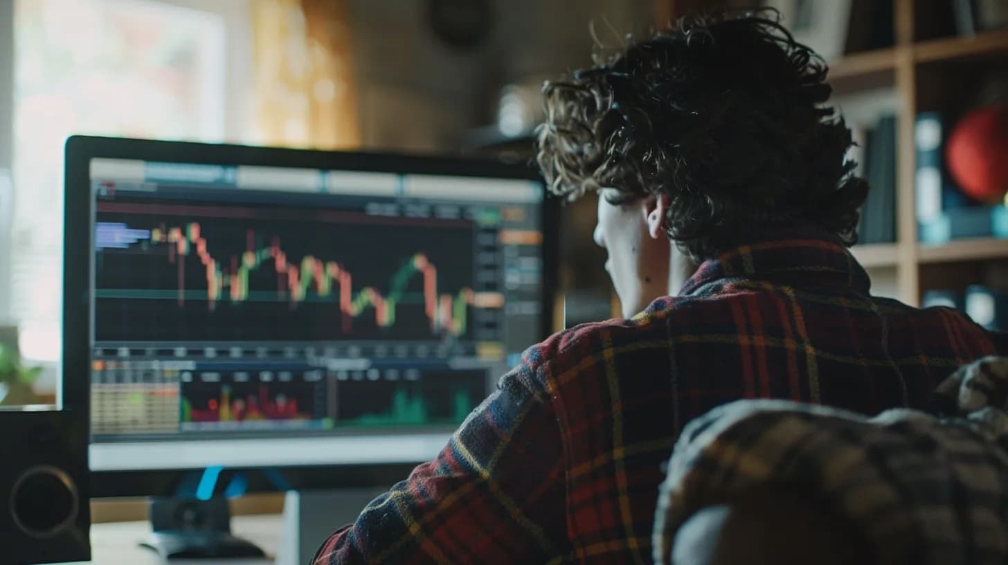 Um trader observando vários gráficos de preços intradiários para cronometrar entradas e saídas